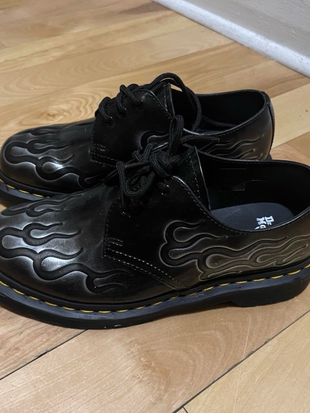 Dr. Martens Black Leather 3-Eye Derby with Embossed Flame Detail